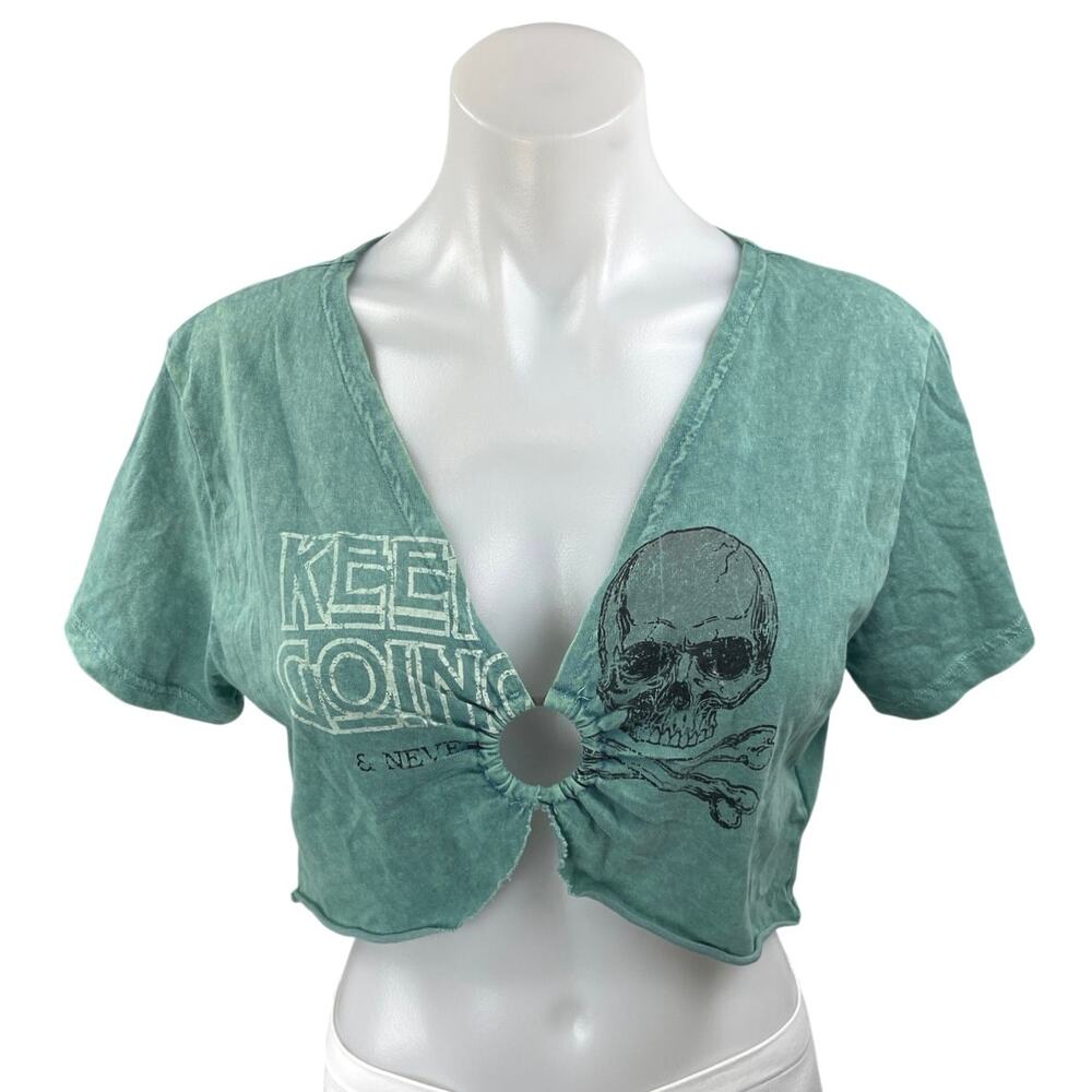 Adika Women's Blue Skull Keyhole V-Neck Short Sleeve Distressed Crop Shirt Top M
